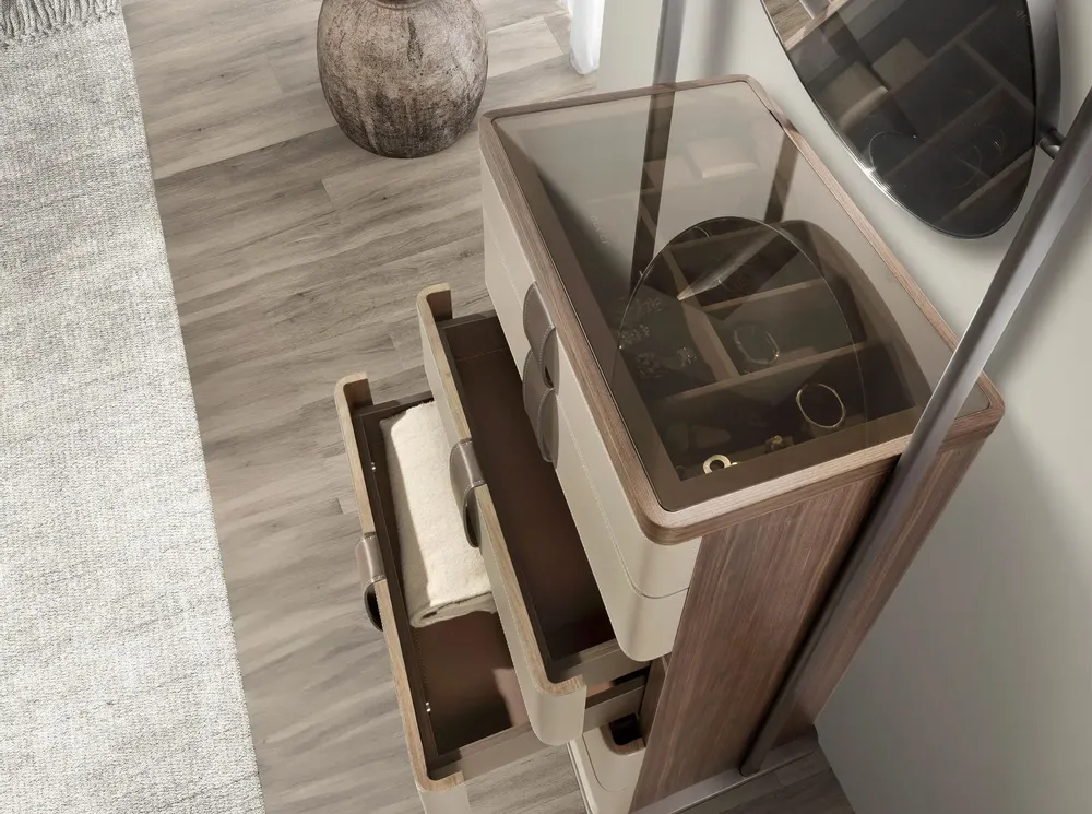 Chests of drawers - Chiffonier leather, walnut, grey steel and brown smoked glass top with - ANGEL CERDÁ