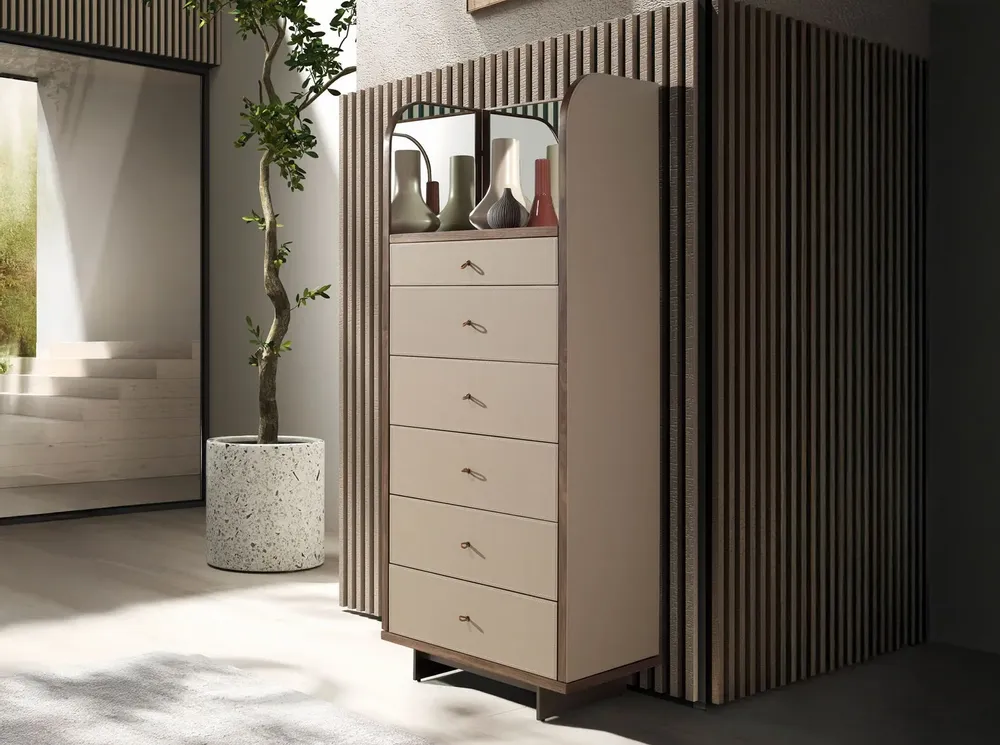 Chests of drawers - Chifonier leather, walnut and polished steel with mirror - ANGEL CERDÁ