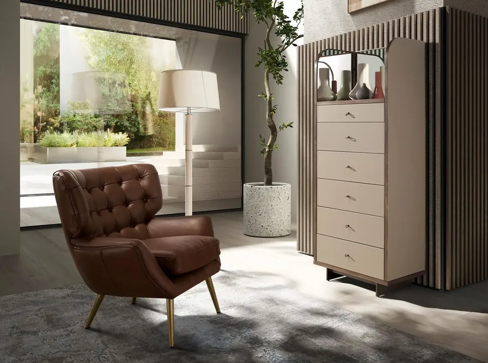 Chests of drawers - Chifonier leather, walnut and polished steel with mirror - ANGEL CERDÁ