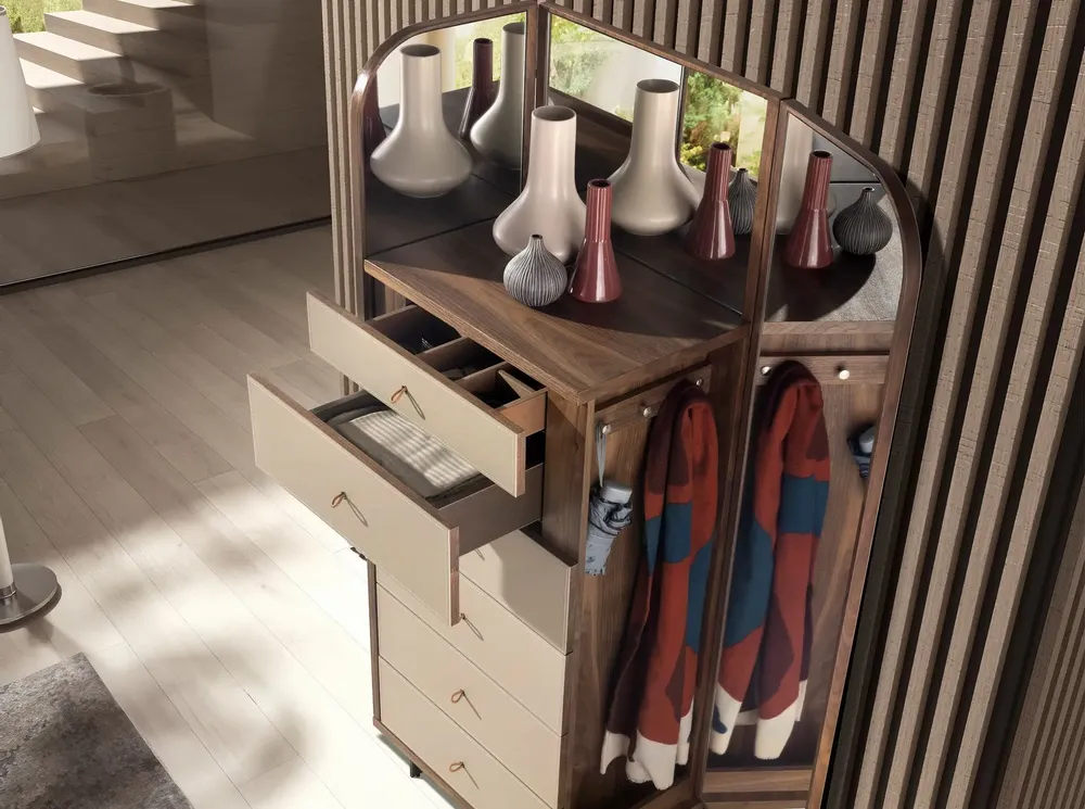 Chests of drawers - Chifonier leather, walnut and polished steel with mirror - ANGEL CERDÁ