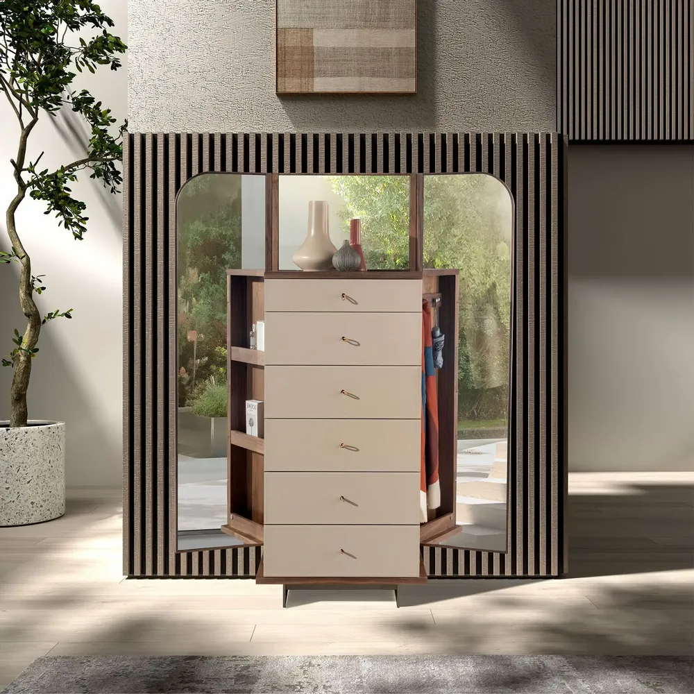 Chests of drawers - Chifonier leather, walnut and polished steel with mirror - ANGEL CERDÁ