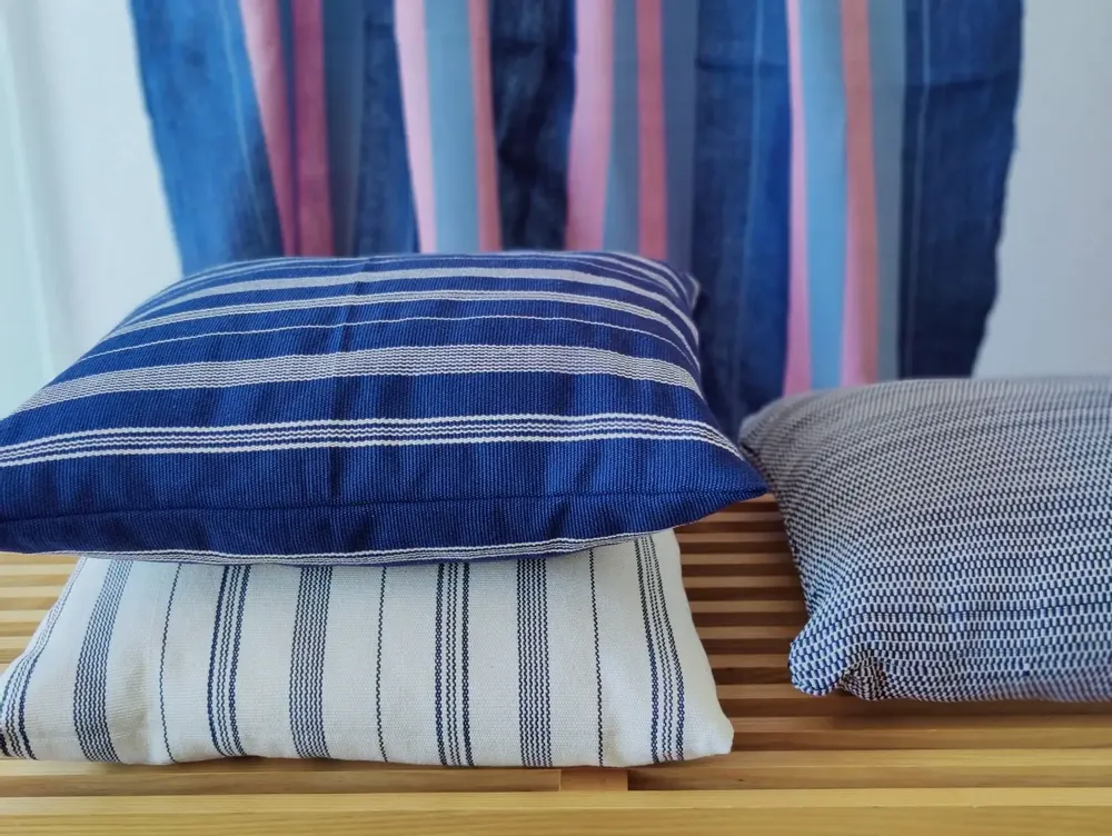 Fabric cushions - Cushion Cover Handwoven | Tsiame royal blue with beige stripes - SOLOKO