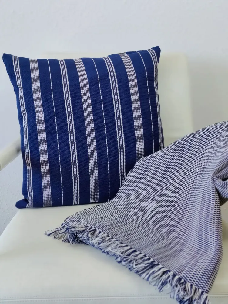 Fabric cushions - Cushion Cover Handwoven | Tsiame royal blue with beige stripes - SOLOKO
