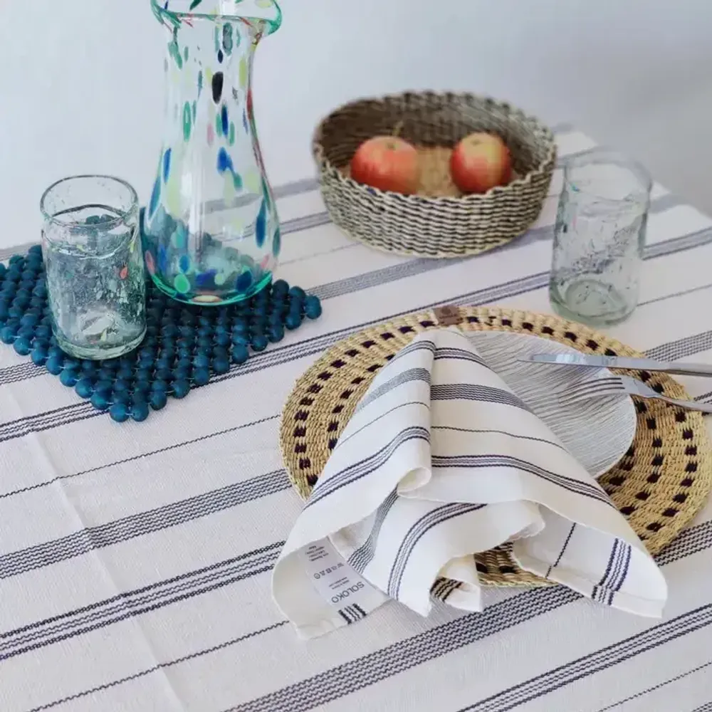 Serviettes - Serviette en coton tissée à la main | Tsiame beige à rayures bleues - SOLOKO
