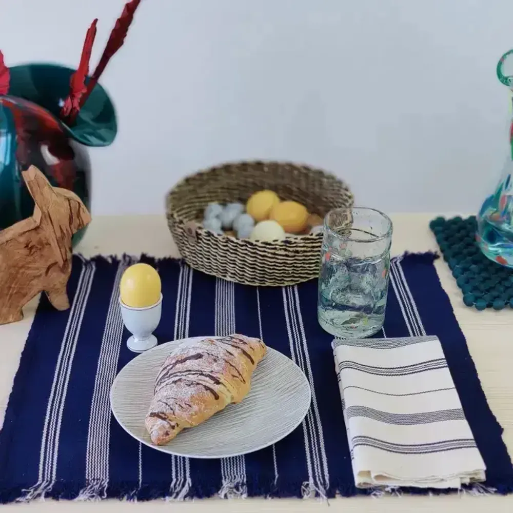 Serviettes - Serviette en coton tissée à la main | Tsiame beige à rayures bleues - SOLOKO