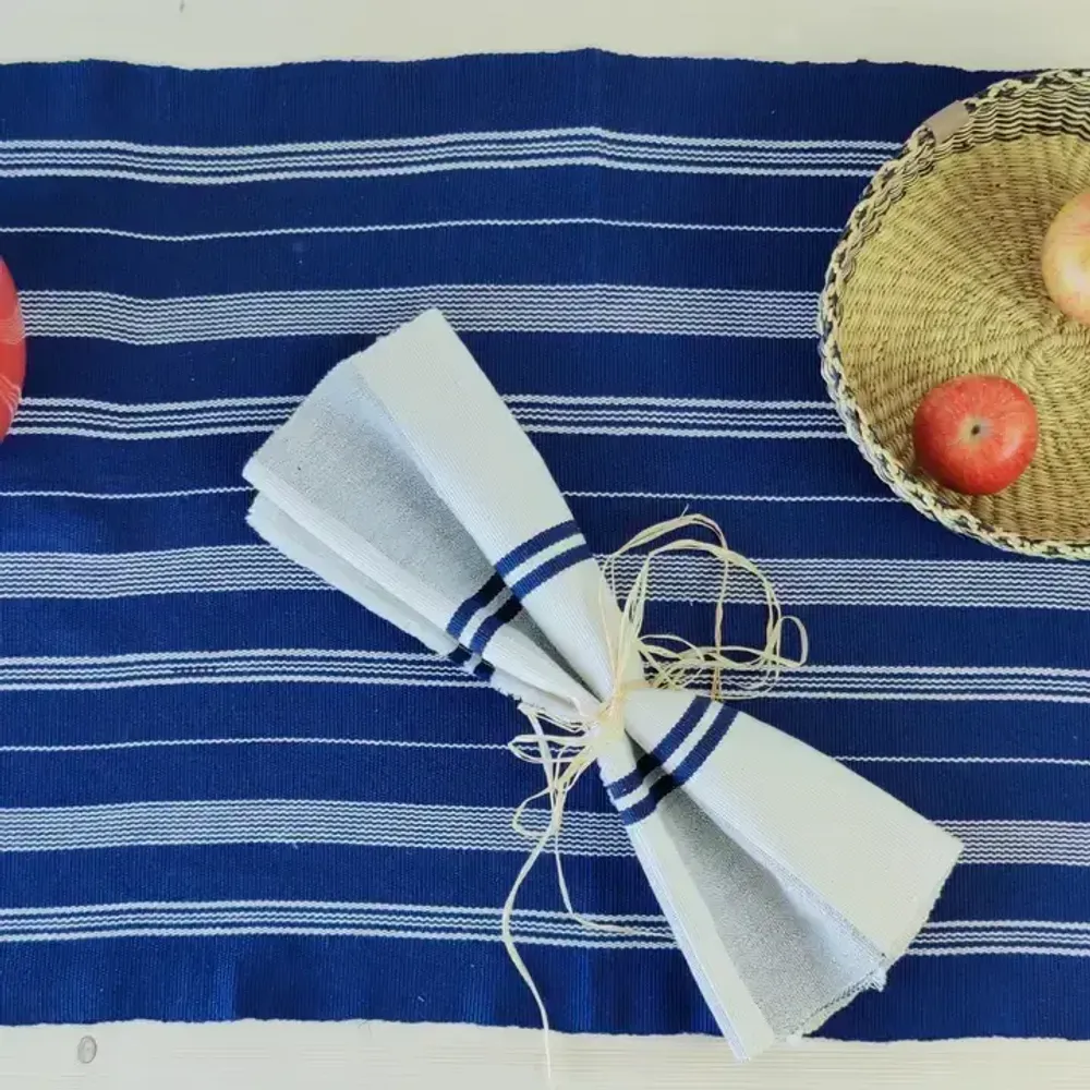 Serviettes - Serviette en coton tissée à la main | Anloga bleu royal, beige - SOLOKO