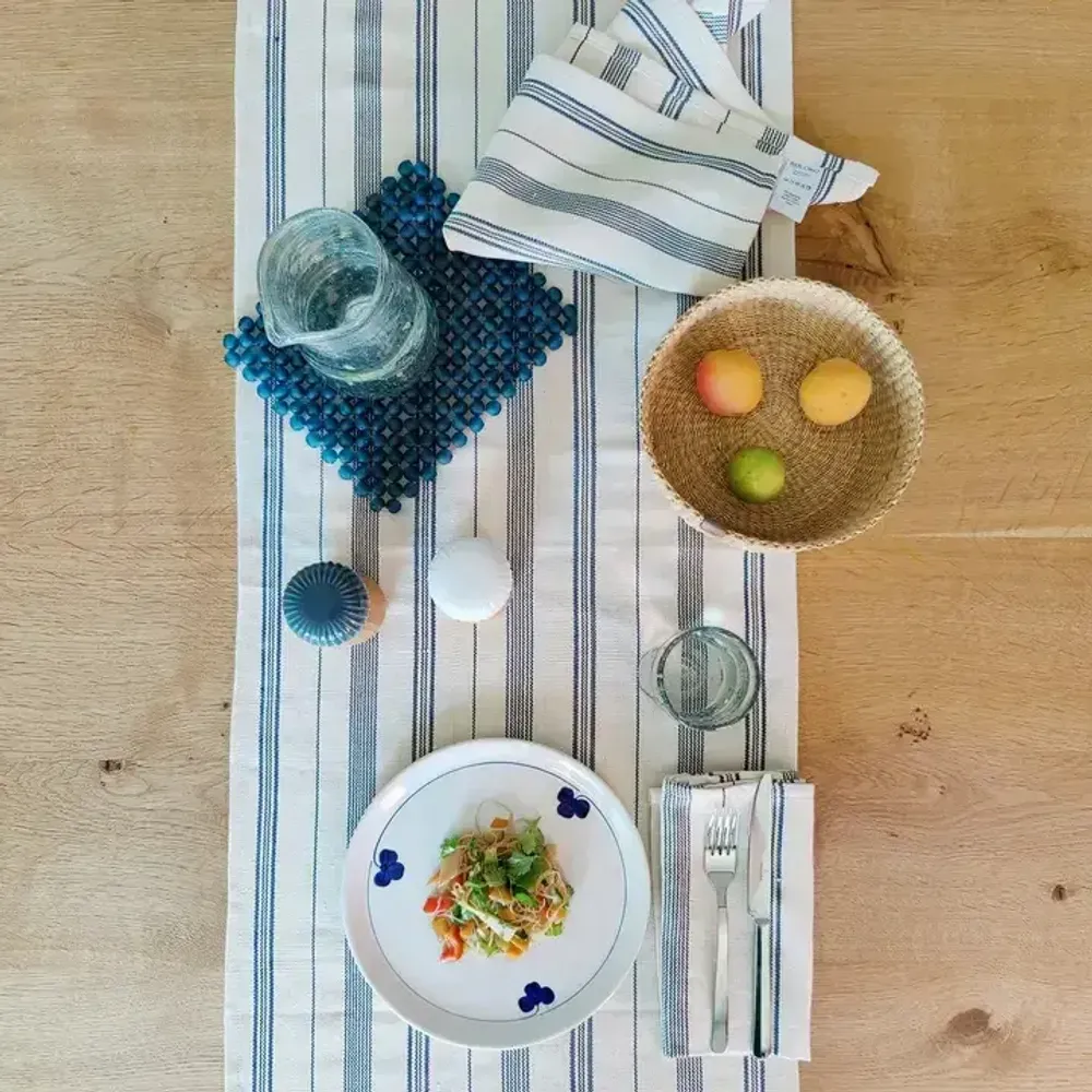 Table cloths - Handwoven Cotton Table Runner | Tsiame Beige Blue Stripes - SOLOKO
