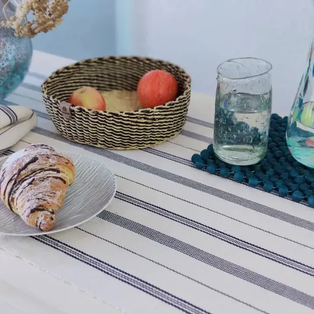 Table cloths - Handwoven Cotton Table Runner | Tsiame Beige Blue Stripes - SOLOKO