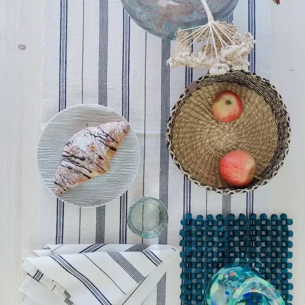 Table cloths - Handwoven Cotton Table Runner | Tsiame Beige Blue Stripes - SOLOKO