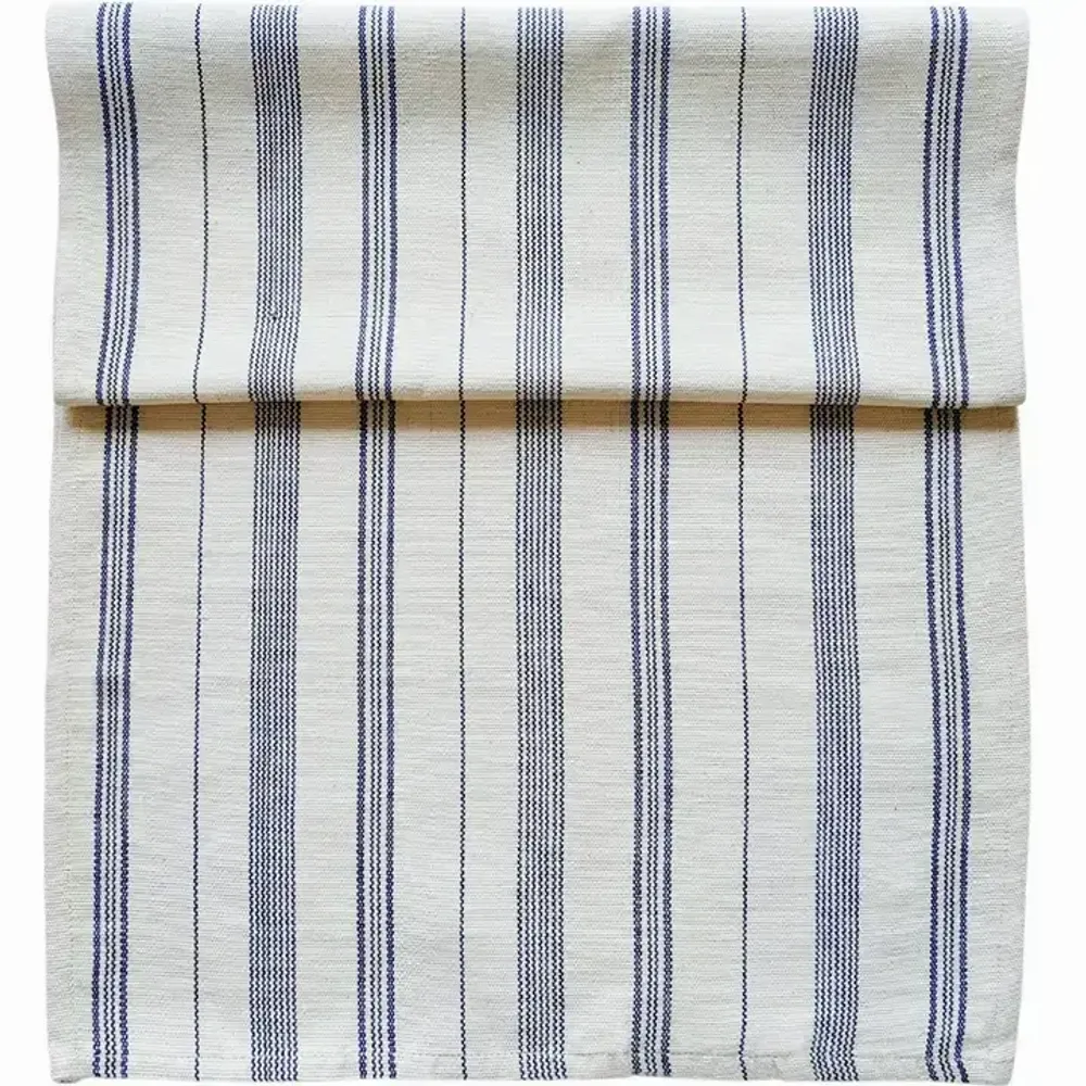 Table cloths - Handwoven Cotton Table Runner | Tsiame Beige Blue Stripes - SOLOKO