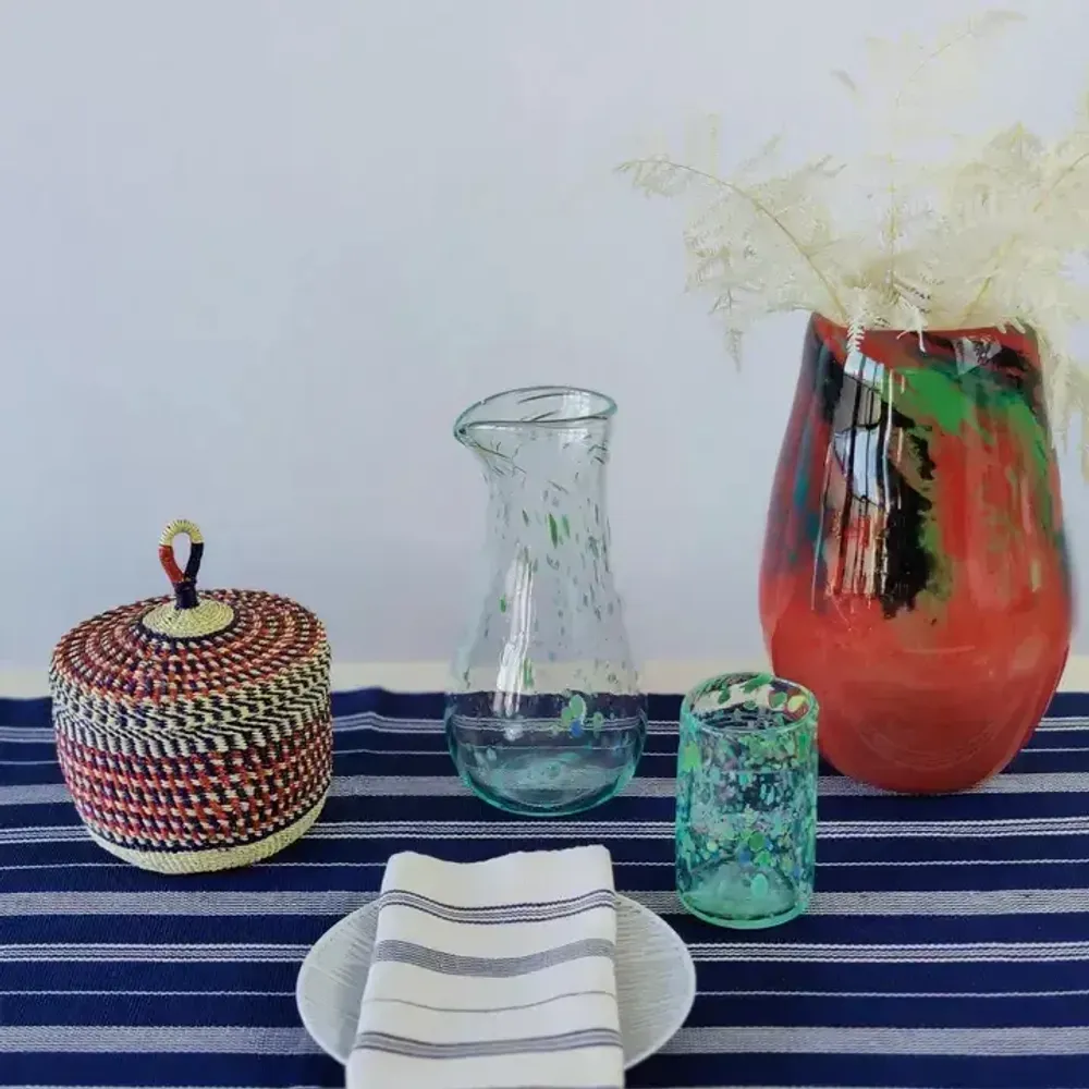 Table cloths - Handwoven Cotton Table Runner | Tsiame Royal Blue, Beige Stripes - SOLOKO