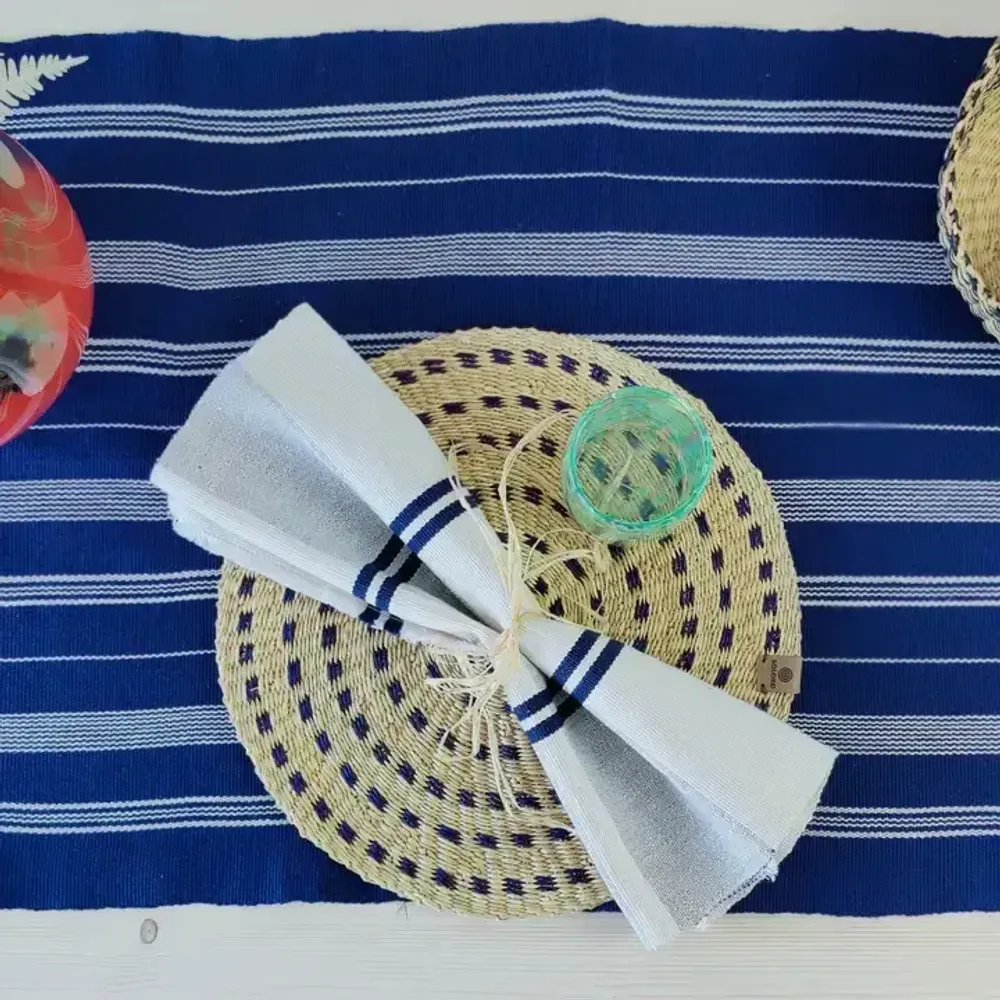Table cloths - Handwoven Cotton Table Runner | Tsiame Royal Blue, Beige Stripes - SOLOKO