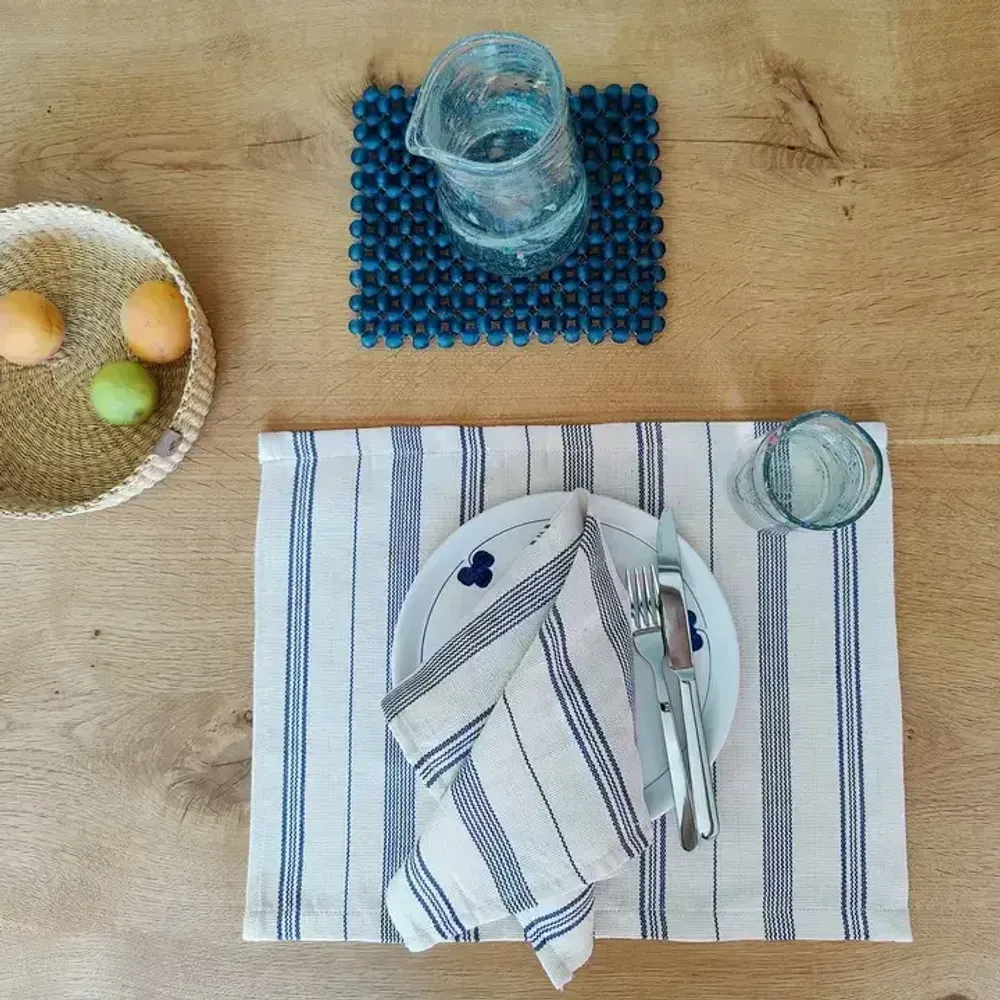 Placemats - Handwoven Placemat Napkin | Tsiame Beige Blue Stripes - SOLOKO