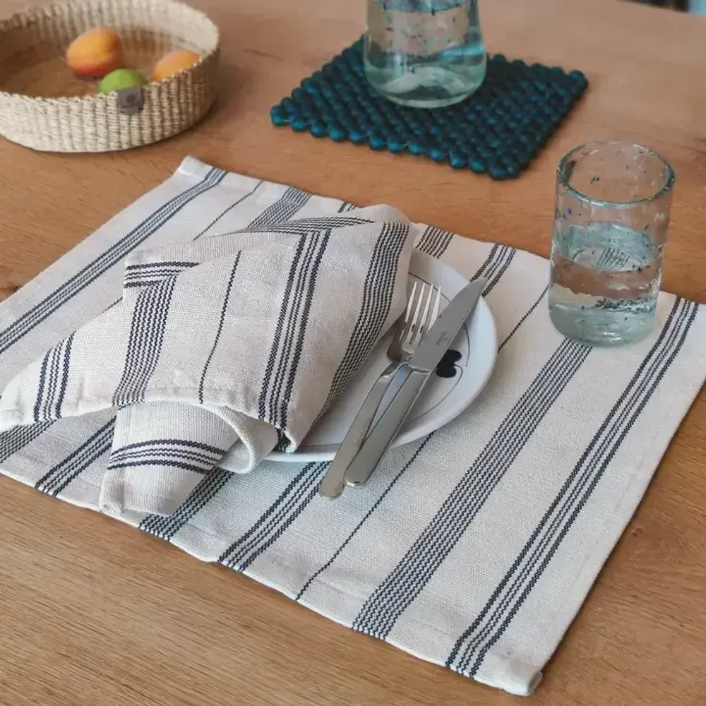Placemats - Handwoven Placemat Napkin | Tsiame Beige Blue Stripes - SOLOKO