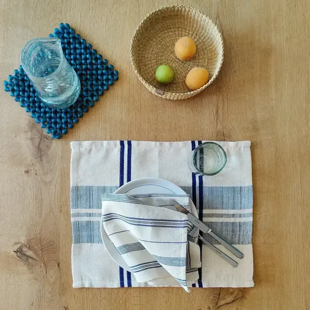 Placemats - Handwoven Placemat Napkin | Anloga Beige Blue - SOLOKO