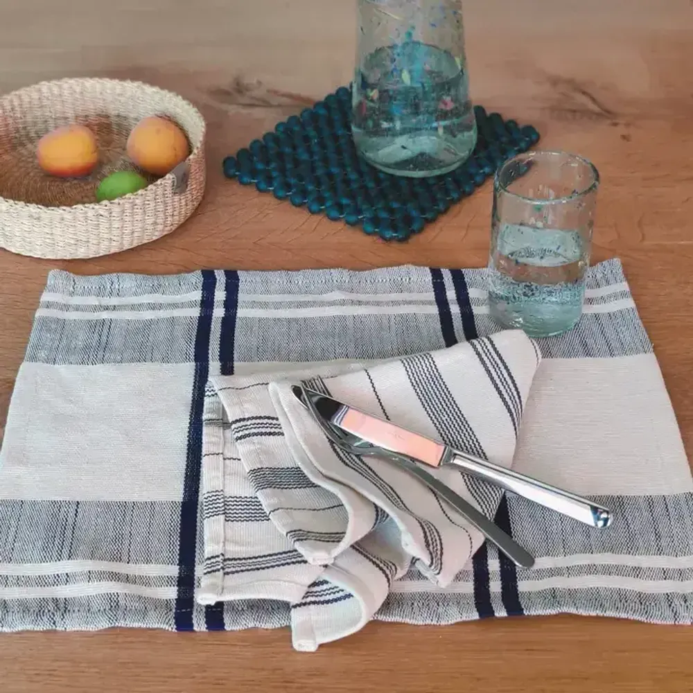 Placemats - Handwoven Placemat Napkin | Anloga Beige Blue - SOLOKO