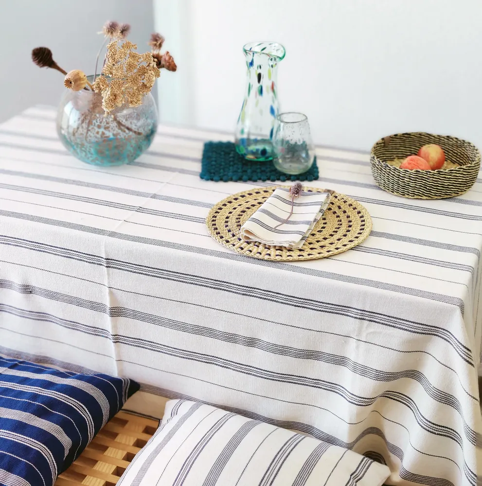 Table cloths - Tsiame Handwoven Tablecloth Cotton | Beige, Blue Stripes - SOLOKO