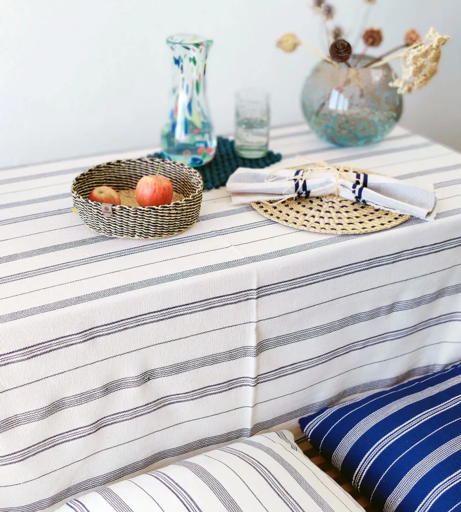 Table cloths - Tsiame Handwoven Tablecloth Cotton | Beige, Blue Stripes - SOLOKO