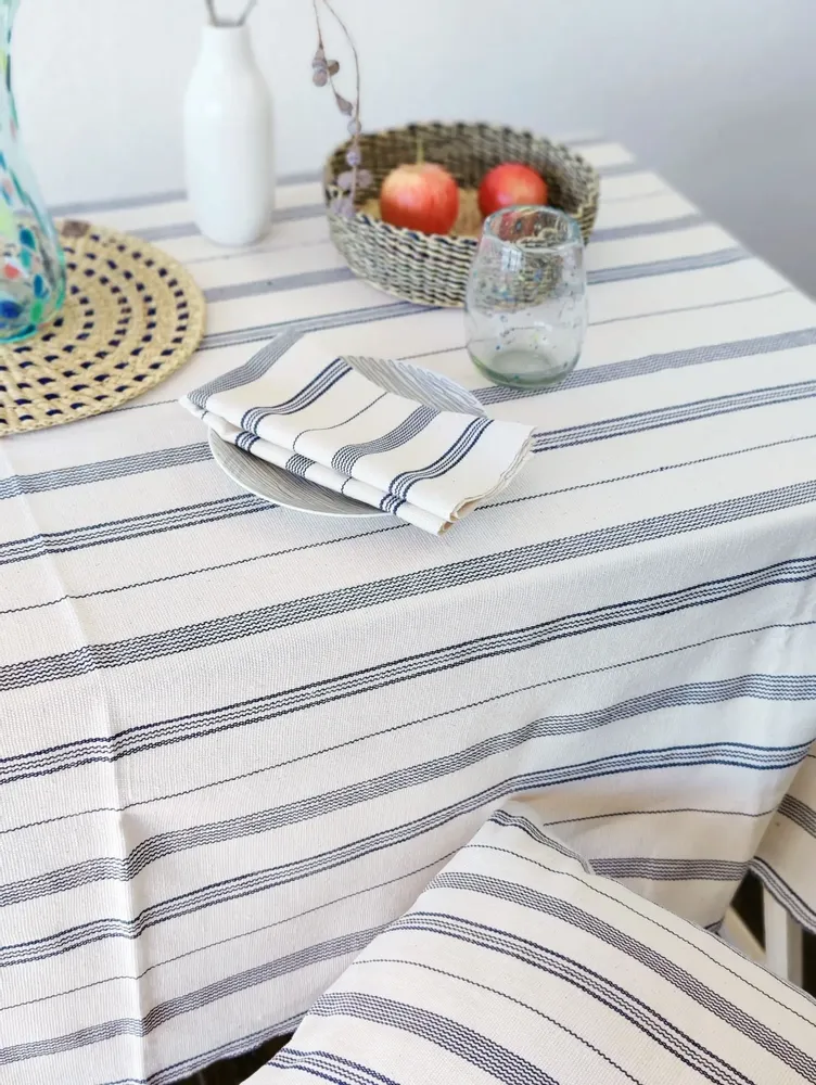 Table cloths - Tsiame Handwoven Tablecloth Cotton | Beige, Blue Stripes - SOLOKO