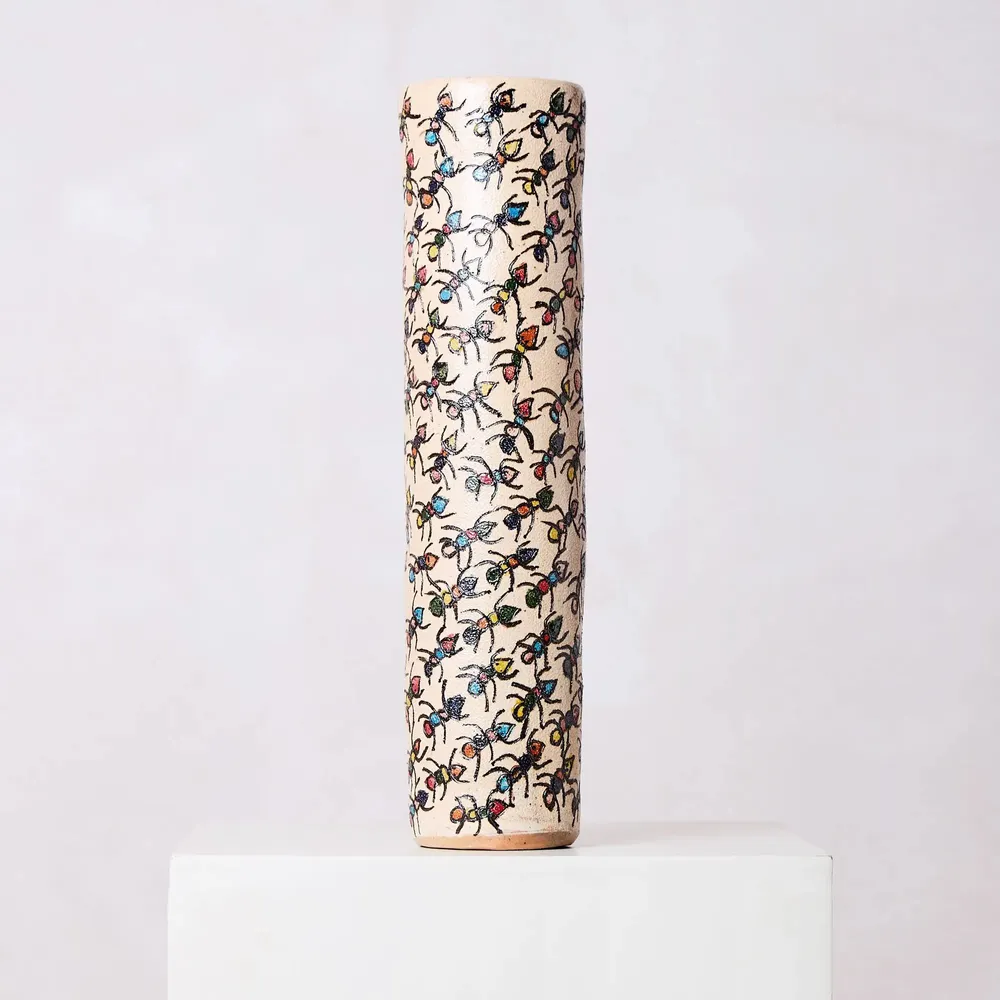 Vases - Multicolor Painted Clay Tube Vase with Ants - HUAKAL