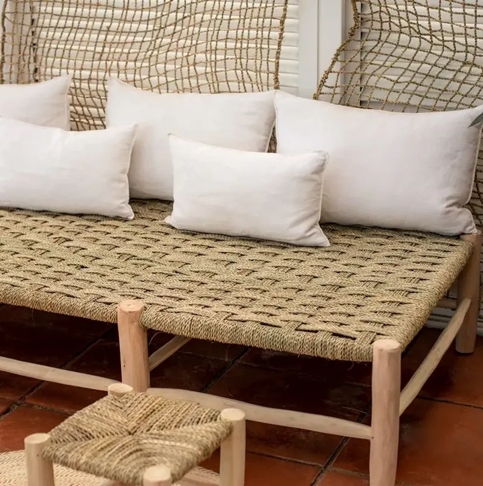 Benches - Wooden Bench with Palm Leaf Weaving – 190 cm | Cosydar Déco - COSYDAR-DECO