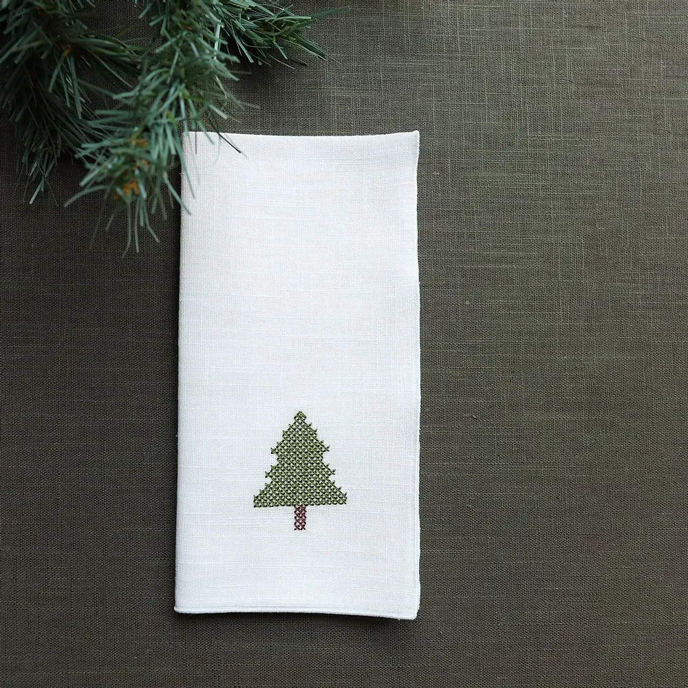 Linge de table textile - Serviette en lin PUNTO CROCE | Sapin de Noël - GIARDINO SEGRETO