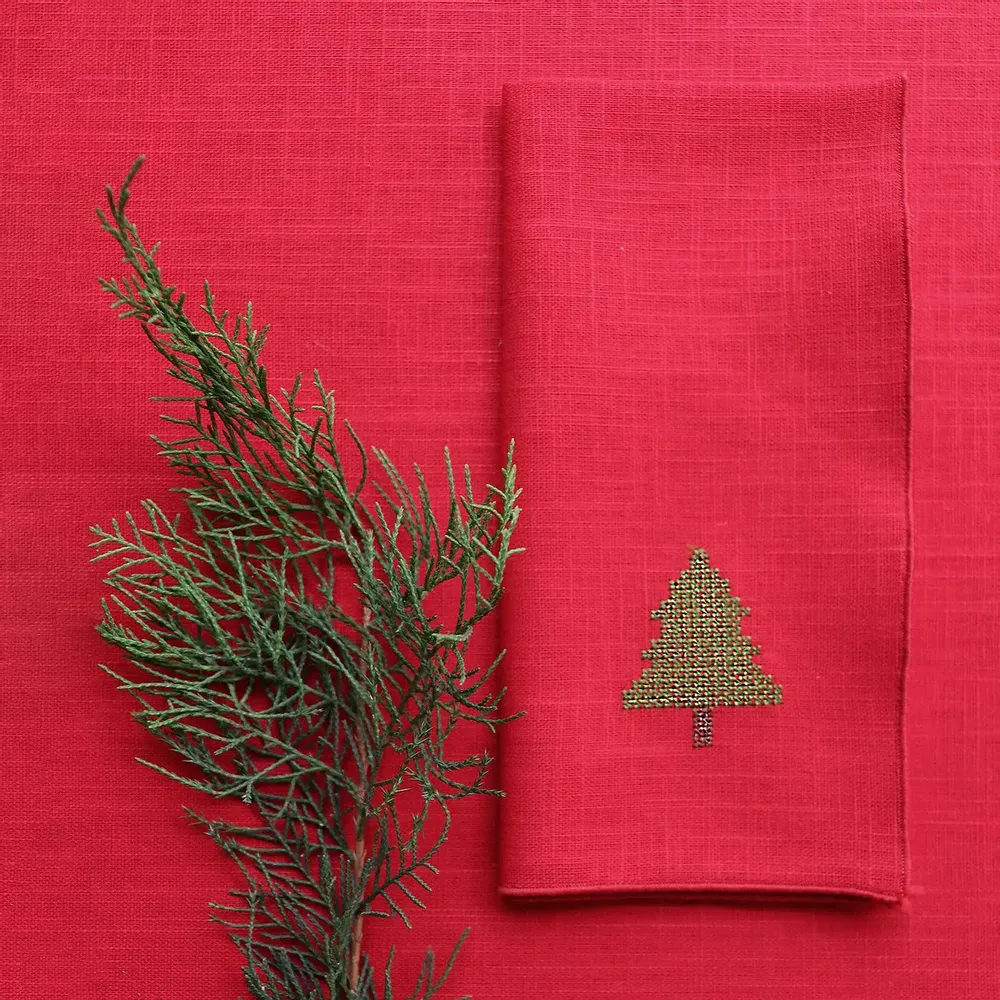 Linge de table textile - Serviette en lin PUNTO CROCE | Sapin de Noël - GIARDINO SEGRETO