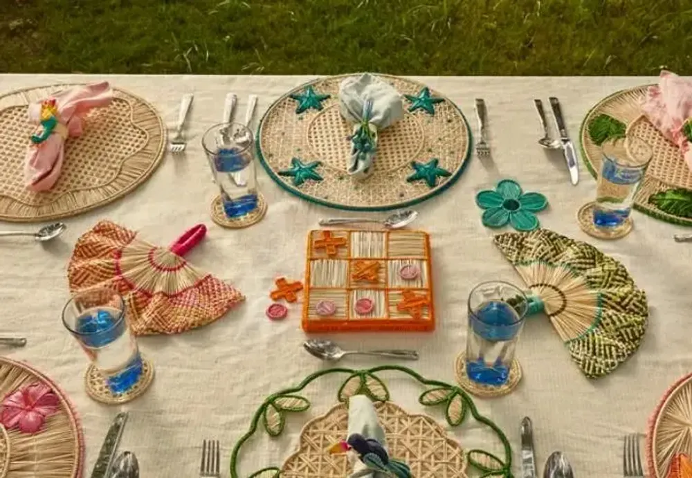 Platter and bowls - Toquilla Frilly hand fan Blue/Navy - CORO CORA