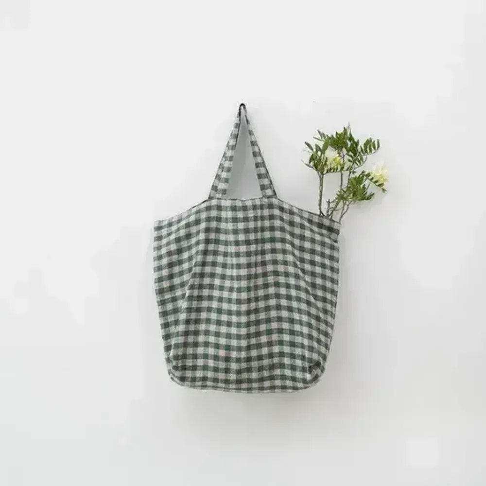 Sacs et cabas - Grand sac en lin vichy vert forêt - LINEN TALES