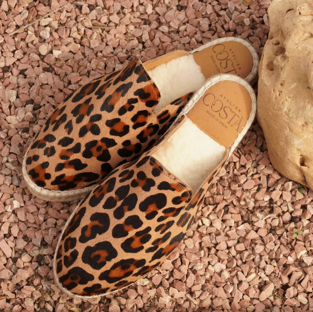 Shoes - Leopard Print Leather Slippers Lined with Virgin Wool - ATELIER COSTÀ