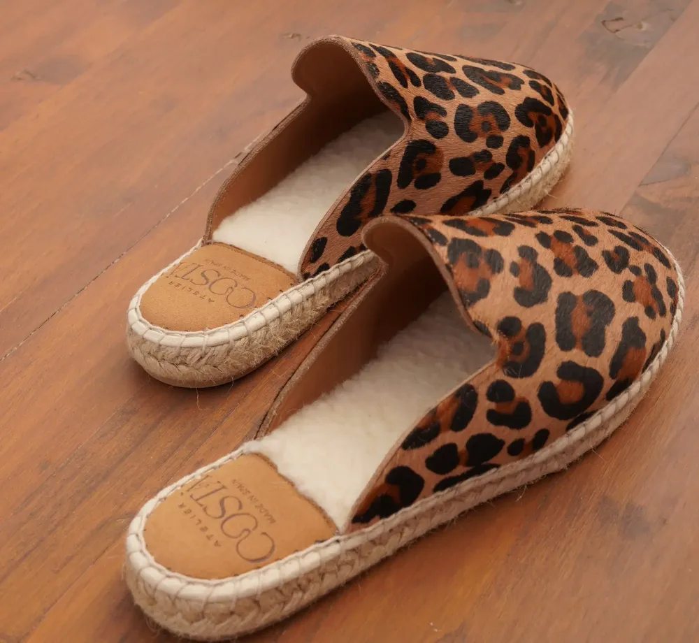 Shoes - Leopard Print Leather Slippers Lined with Virgin Wool - ATELIER COSTÀ