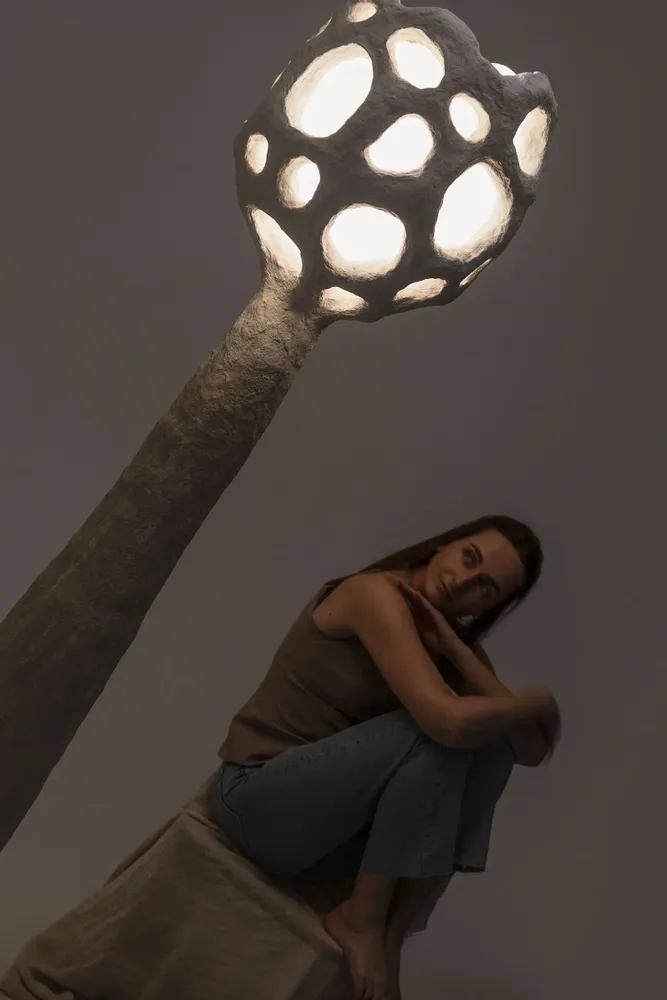 Floor lamps - Buton Sculptural Floor Lamp – Biocomposite Base & Linen Shade - PLETOSTUDIO