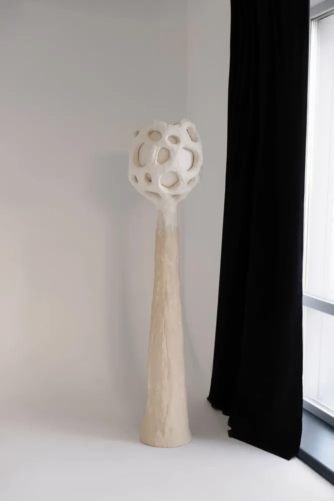 Floor lamps - Buton Sculptural Floor Lamp – Biocomposite Base & Linen Shade - PLETOSTUDIO