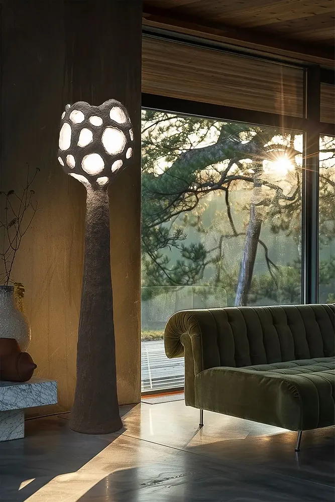 Floor lamps - Buton Sculptural Floor Lamp – Biocomposite Base & Linen Shade - PLETOSTUDIO