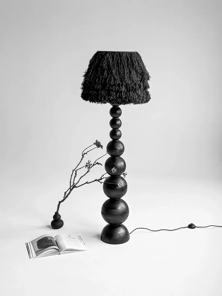 Floor lamps - WABI Japandi Floor Lamp – Handmade Charred Wood & Wool - PLETOSTUDIO