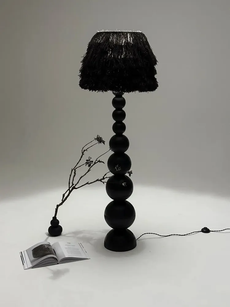 Floor lamps - WABI Japandi Floor Lamp – Handmade Charred Wood & Wool - PLETOSTUDIO