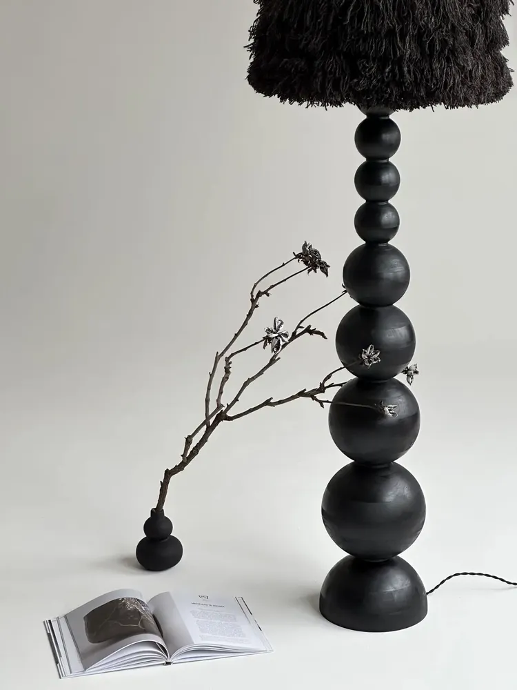 Floor lamps - WABI Japandi Floor Lamp – Handmade Charred Wood & Wool - PLETOSTUDIO