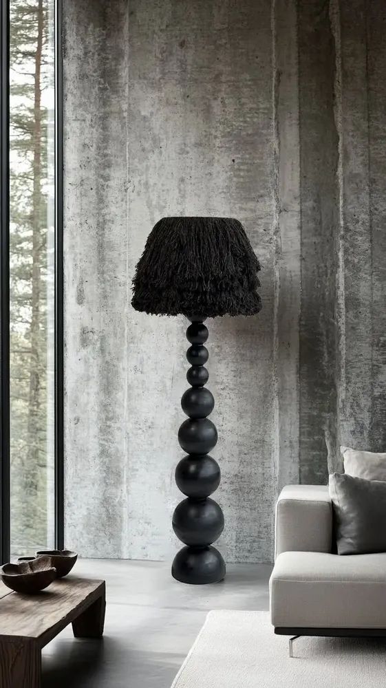 Floor lamps - WABI Japandi Floor Lamp – Handmade Charred Wood & Wool - PLETOSTUDIO