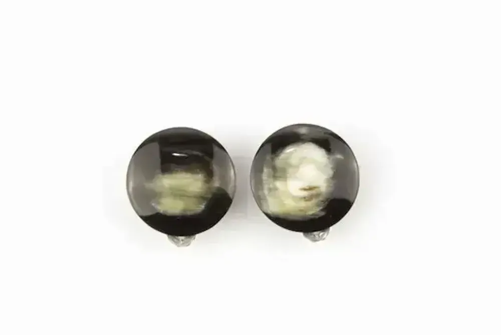 Bijoux - Boucles d'oreilles disque à clips en corne noire marbrée - L INDOCHINEUR X RIVÊT