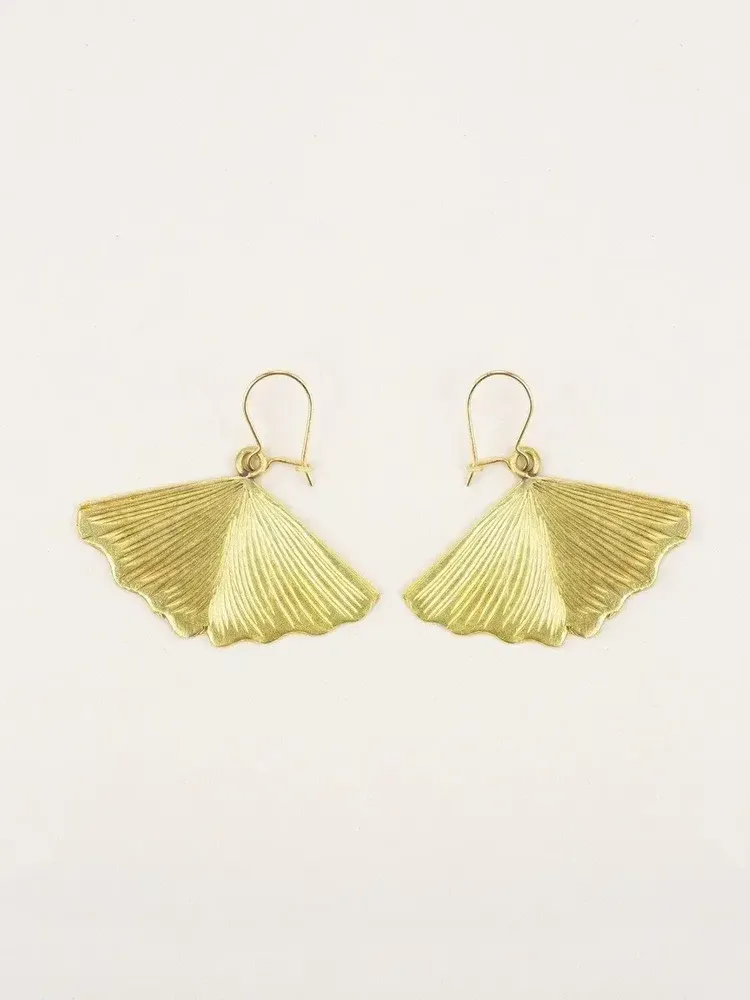 Bijoux - Boucles d'oreilles ginkgo en laiton plaqué or (à croche) - L INDOCHINEUR X RIVÊT