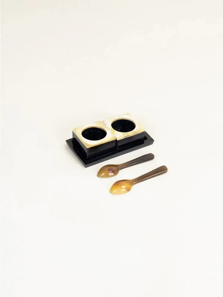 Kitchen utensils - Salt and pepper set in black horn with edge in blond horn - L INDOCHINEUR X RIVÊT