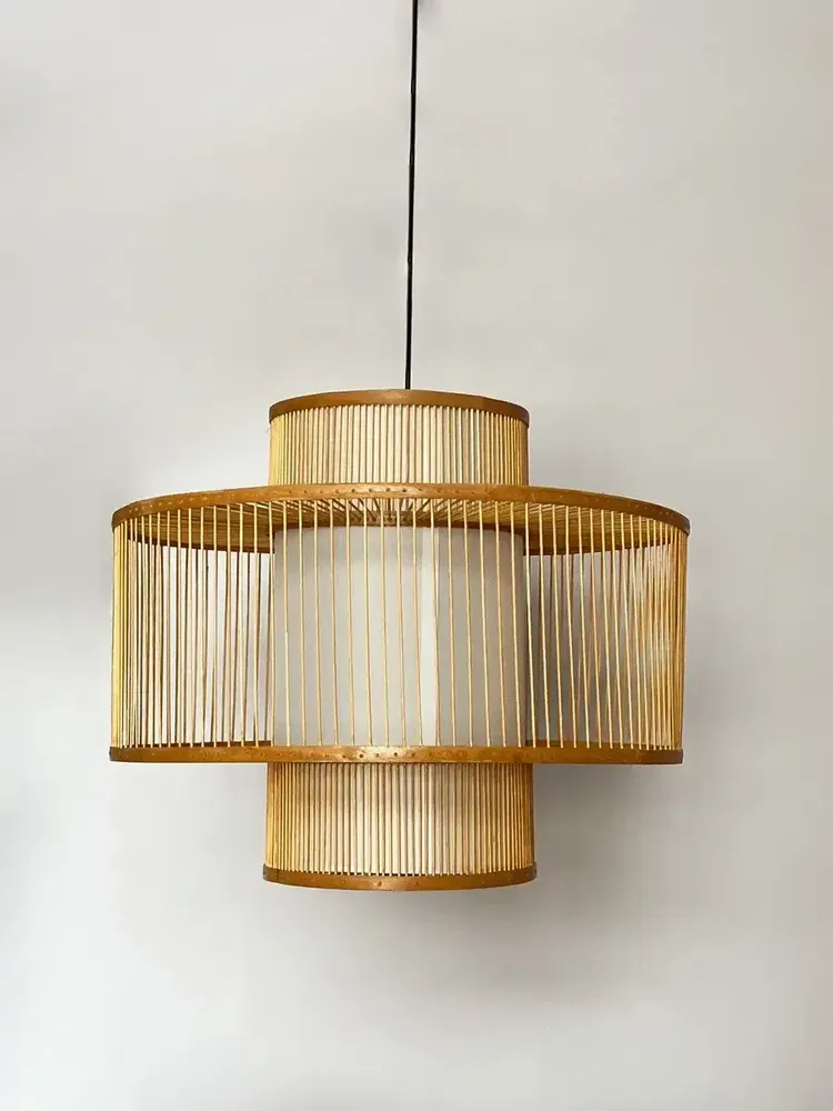 Bougeoirs et photophores  - Grande suspension grillagée bambou et soie - L INDOCHINEUR X RIVÊT