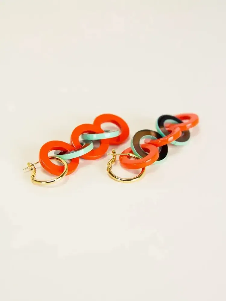 Bijoux - Boucles d'oreilles 5 anneaux laqués orange vert - L INDOCHINEUR X RIVÊT