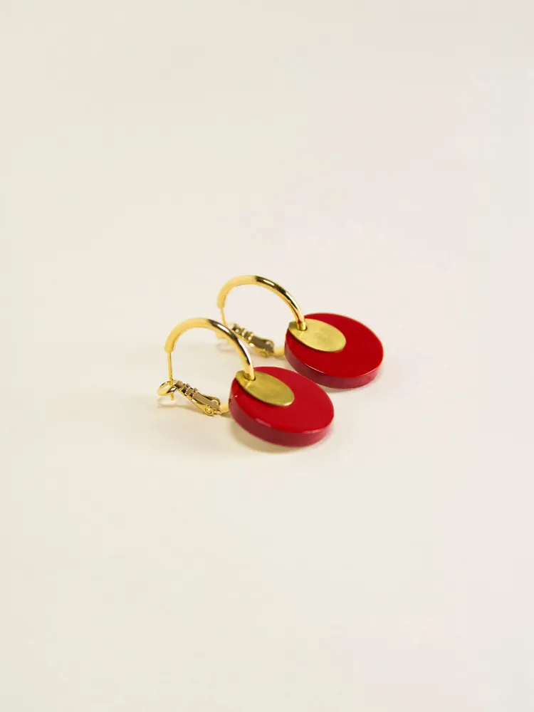 Jewelry - Round brass hoop earrings in 2 parts with red lacquered horn - L INDOCHINEUR X RIVÊT