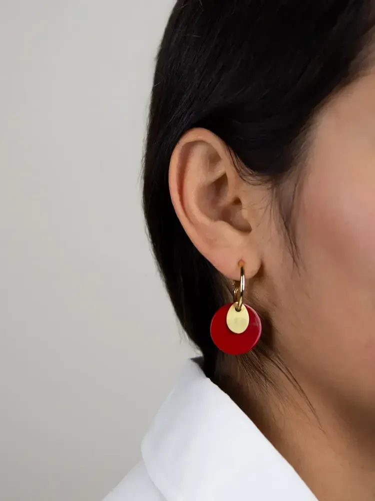 Jewelry - Round brass hoop earrings in 2 parts with red lacquered horn - L INDOCHINEUR X RIVÊT
