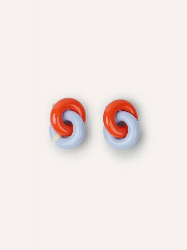 Jewelry - Double round wooden stud earrings, light blue, dark blue and orange lacquer - L INDOCHINEUR X RIVÊT
