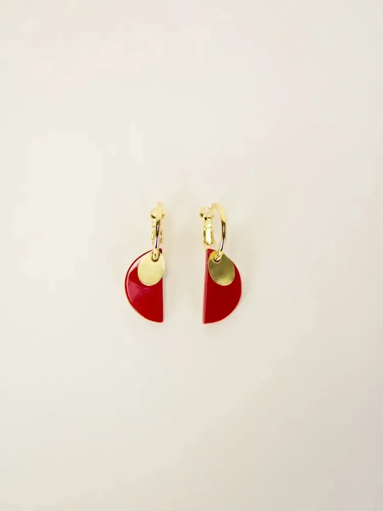 Bijoux - Boucles d'oreilles créoles 2 parties laiton et corne laquée rouge - L INDOCHINEUR X RIVÊT