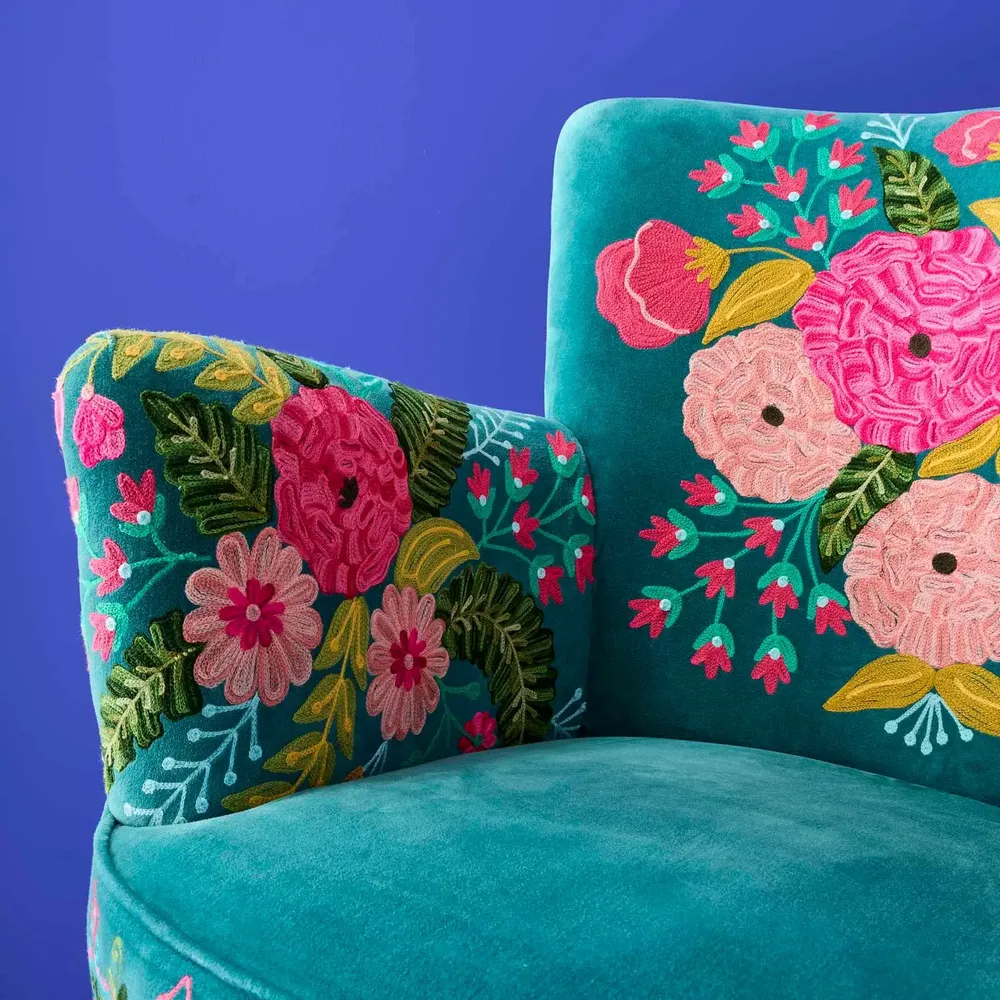 Fauteuils - Fauteuil en Velours avec Motif Floral Frida, Turquoise - WERNS