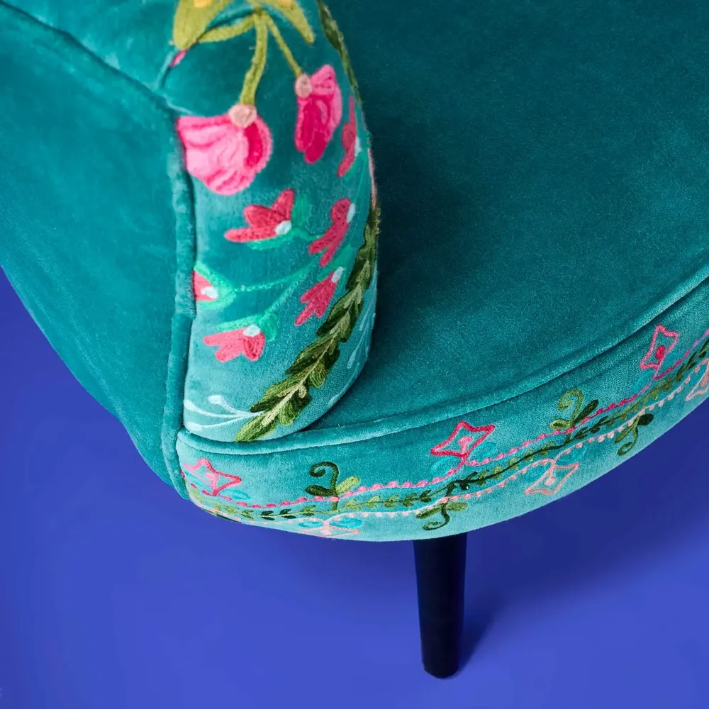 Fauteuils - Fauteuil en Velours avec Motif Floral Frida, Turquoise - WERNS