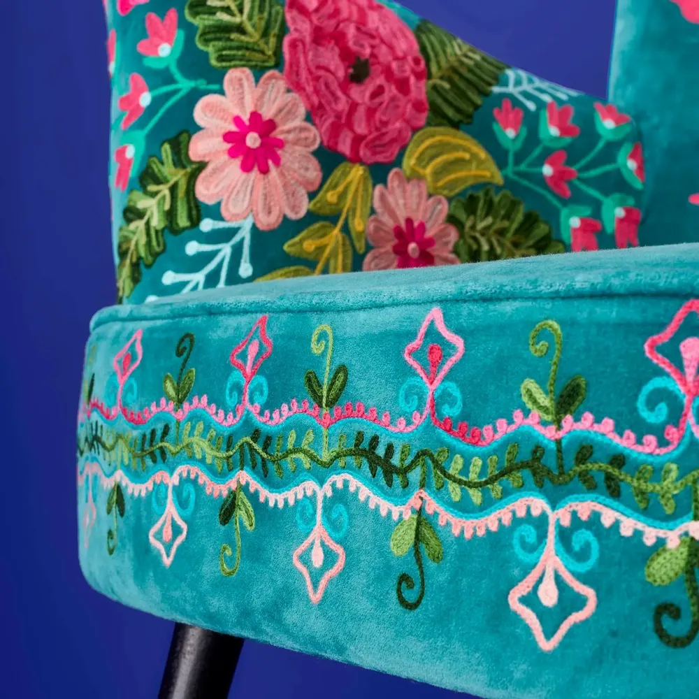 Fauteuils - Fauteuil en Velours avec Motif Floral Frida, Turquoise - WERNS